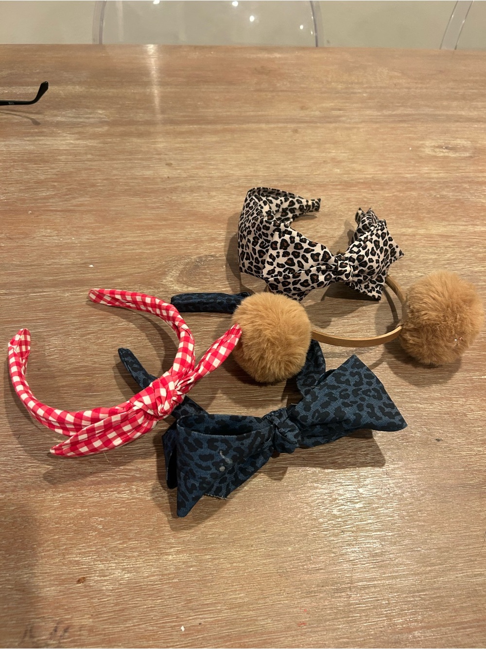 Set of 4 Cute Patterned & Pom Headbands - Red Gingham, Black Leopard, Tan Pom